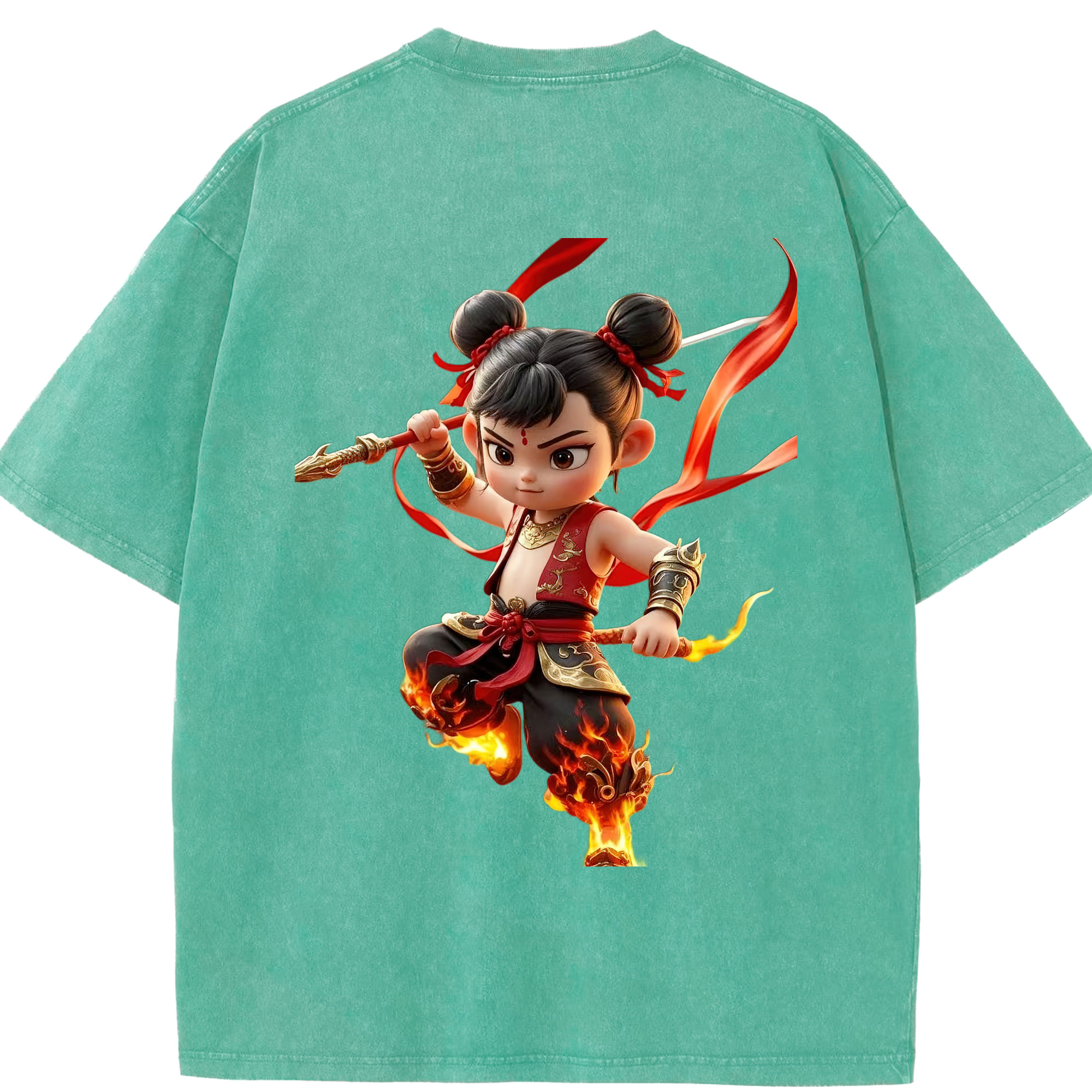 （画像用） Ne Zha 2 ナタ 魔童の大暴れ 綿100% ヴィンテージ風 半袖Tシャツ（背面プリント）